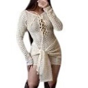 Salty Women Cream Crochet Lace Up Front Tie Mini Dress Small